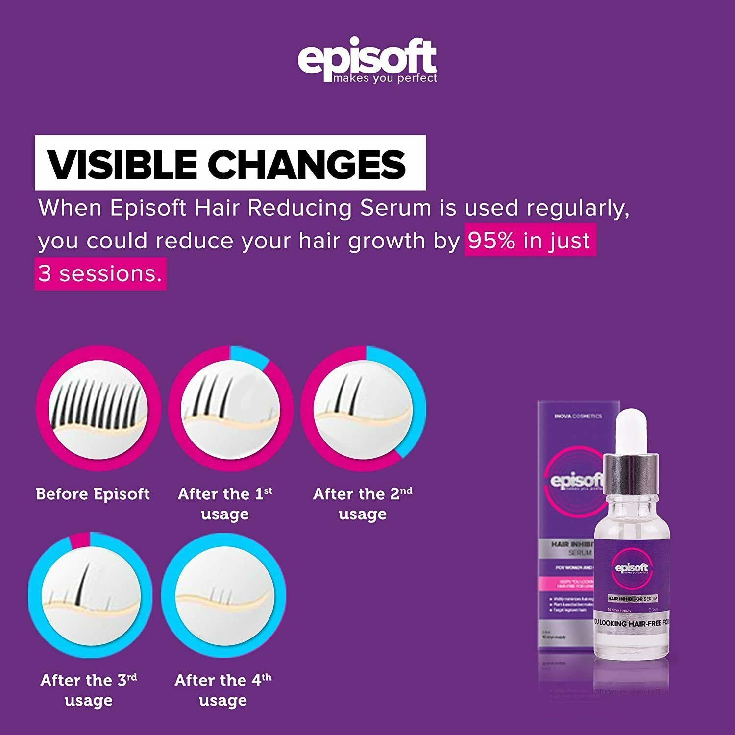 6 LOT Bubbly Episoft Hair Inhibitor (6x20 ml) 100% Organic (Clinically Tested)