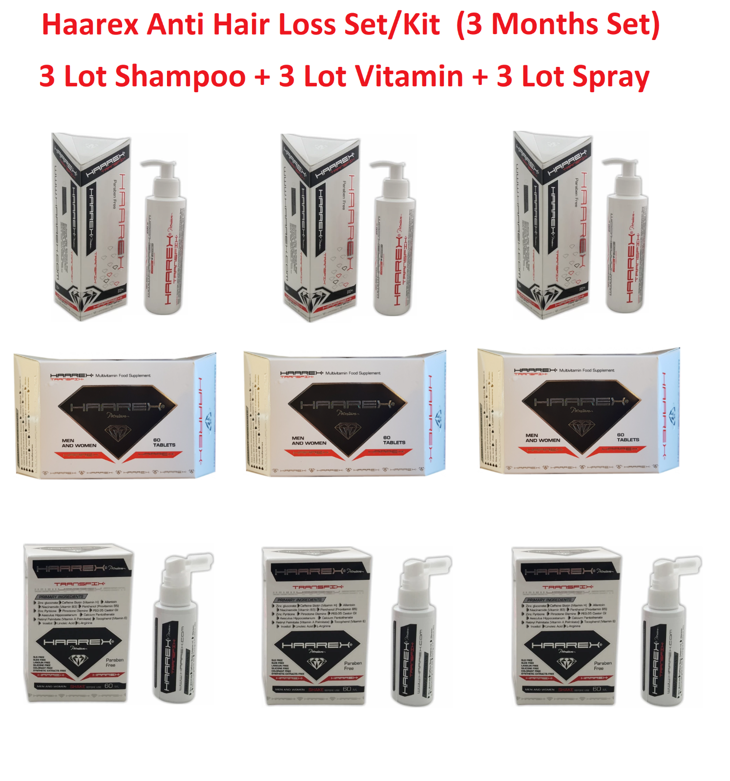 3 LOT Haarex Anti Hair Loss Kit (3 Lot Shampoo + 3 Lot Vitamin + 3 Lot Serum)