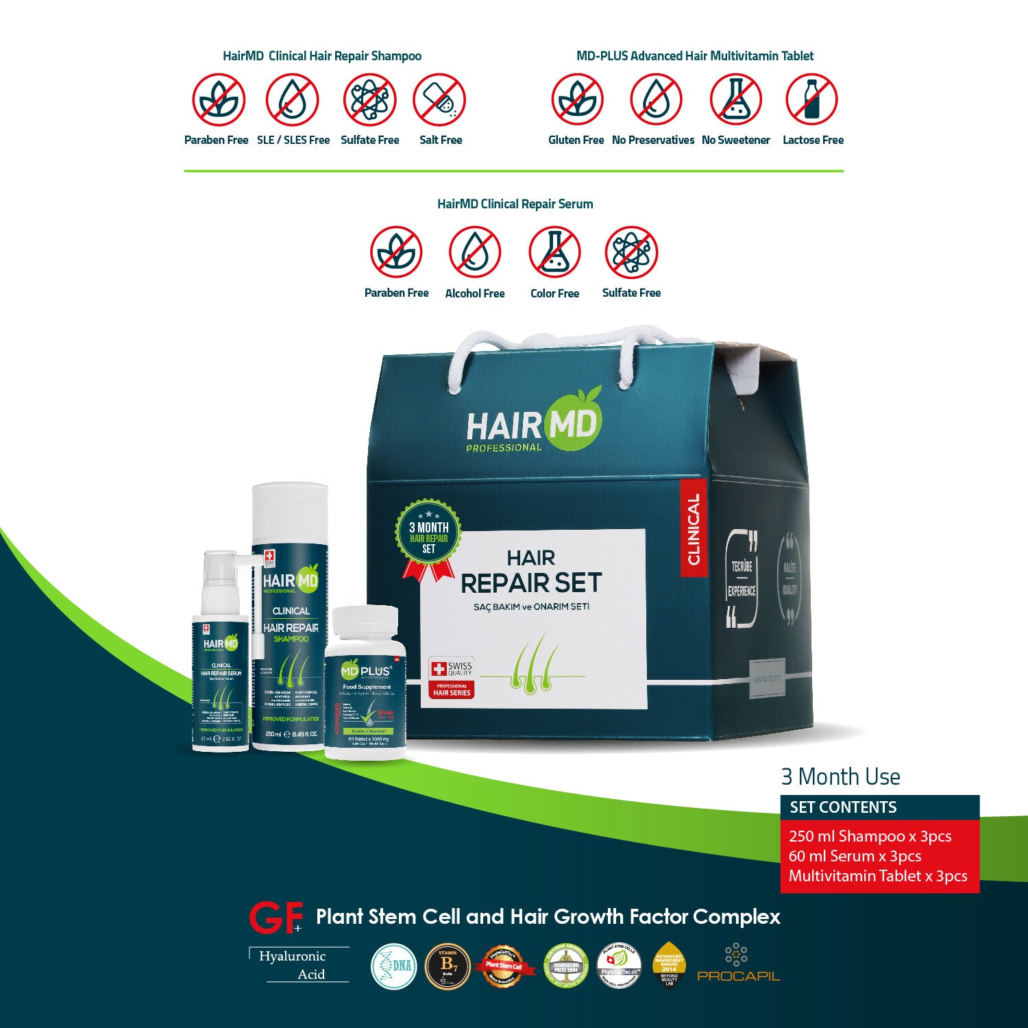 HairMD Clinical Hair Repair Set (3 month Use) ( 3 Shampoo 250 ml + 3 Serum 60 ml + 3 Hair Multivitamin)