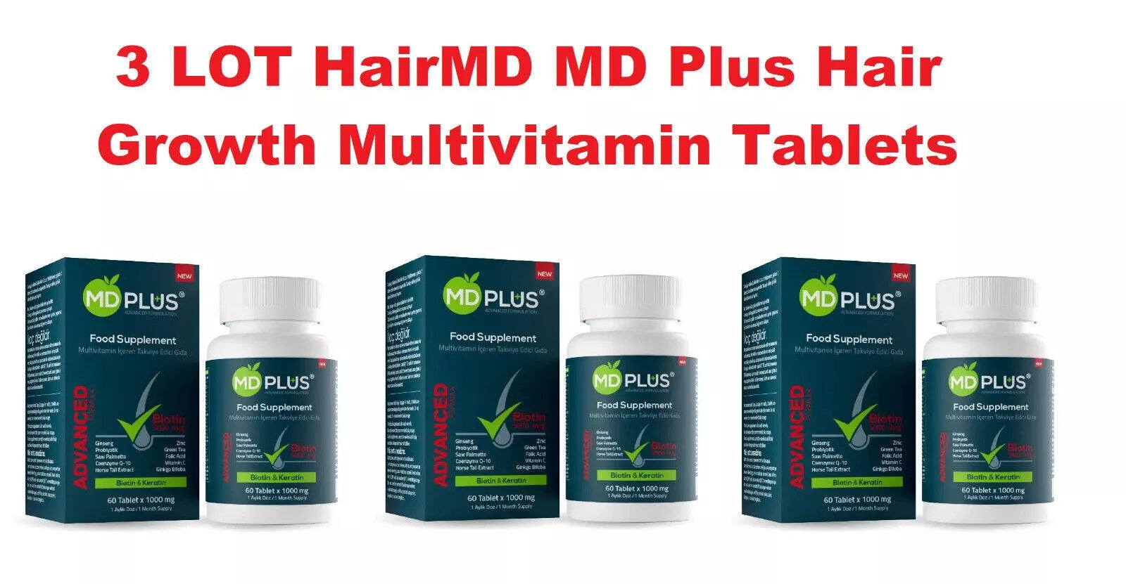 3 LOT HairMD MD Plus Hair Growth Multivitamin Tablets (180 Tablets Total) EXP: 03/2027