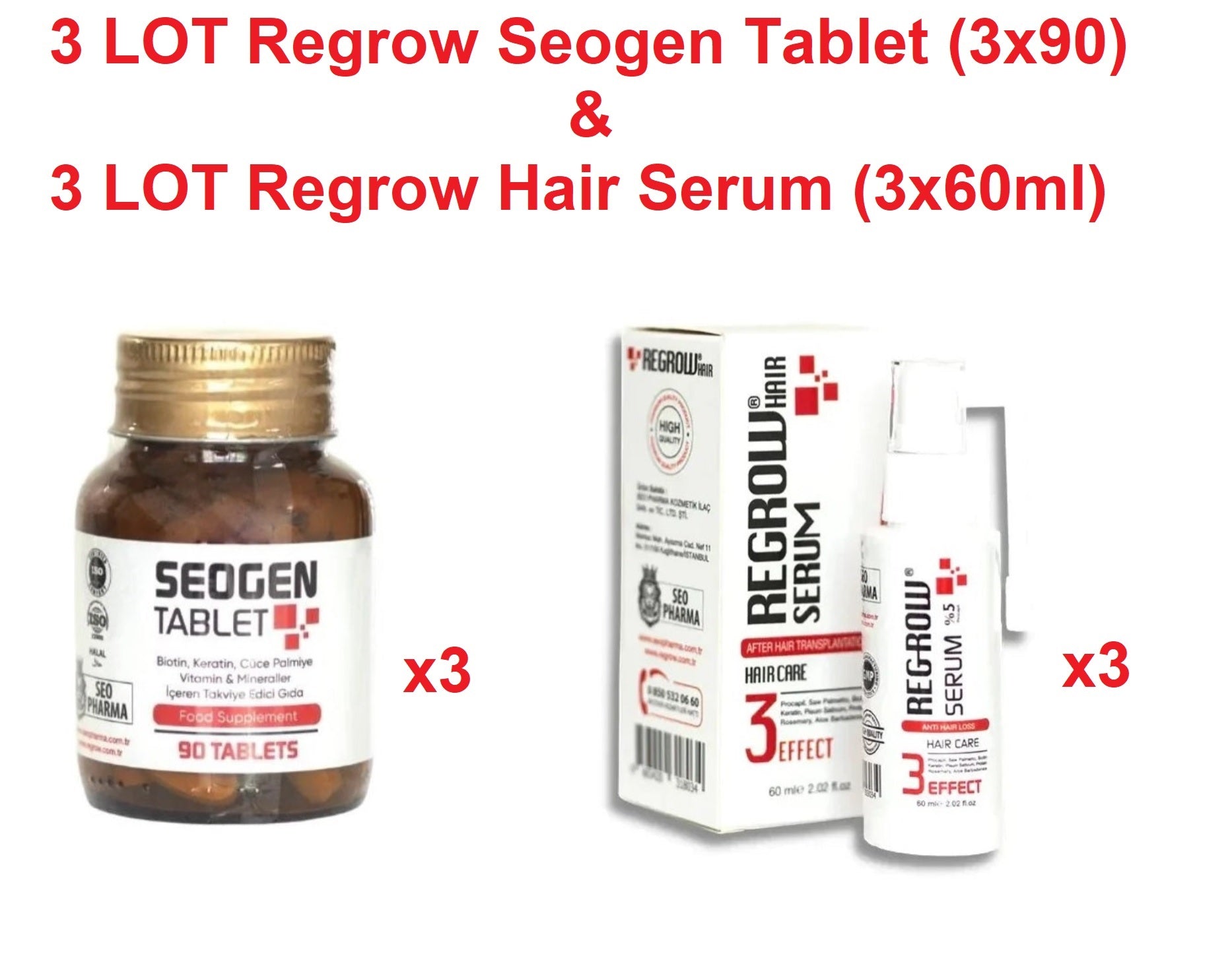 3 LOT Seogen Hair Vitamin 3x90 Tablets + 3 LOT Seogen Regrow Hair Serum 3x60ml (Special Listing)