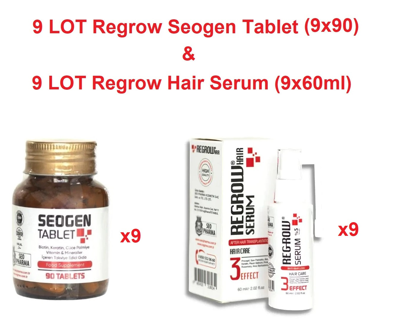 9 LOT Seogen Hair Vitamin 90 Tablets + 9 LOT Seogen Regrow Hair Serum (Special Listing)